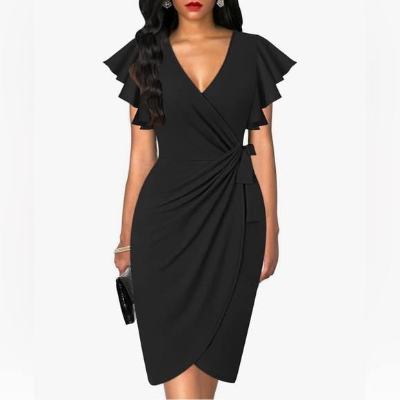 Calvin Klein Dresses & Skirts - Black Ruched Wrap Midi Dress | Oten